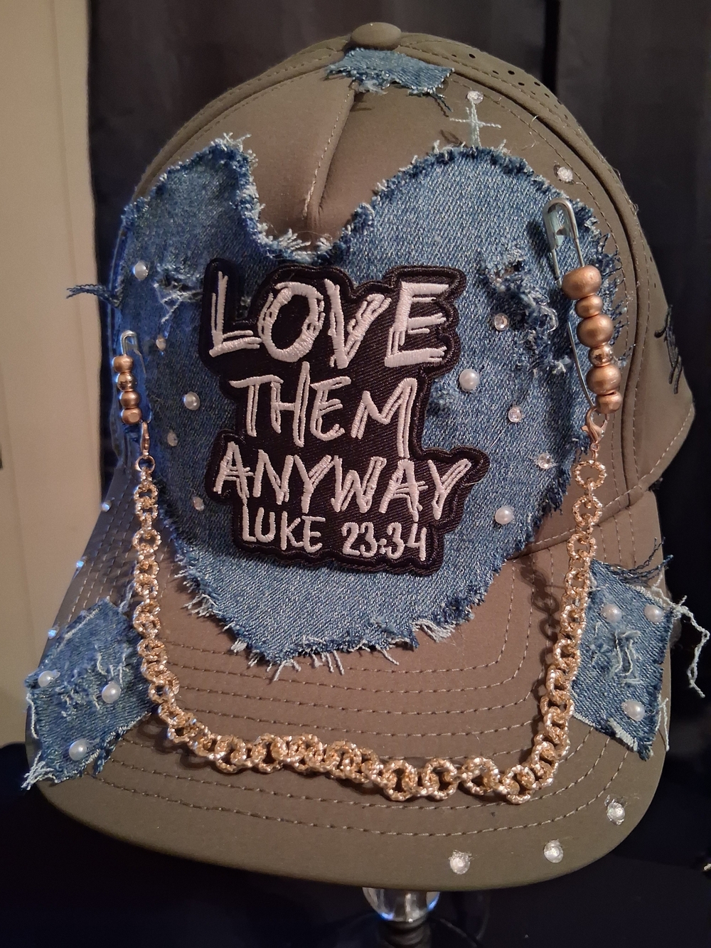 Women’s Olive Green Heart Shsped Denim Patch Trucker Hat – "Love Them Anyway"
